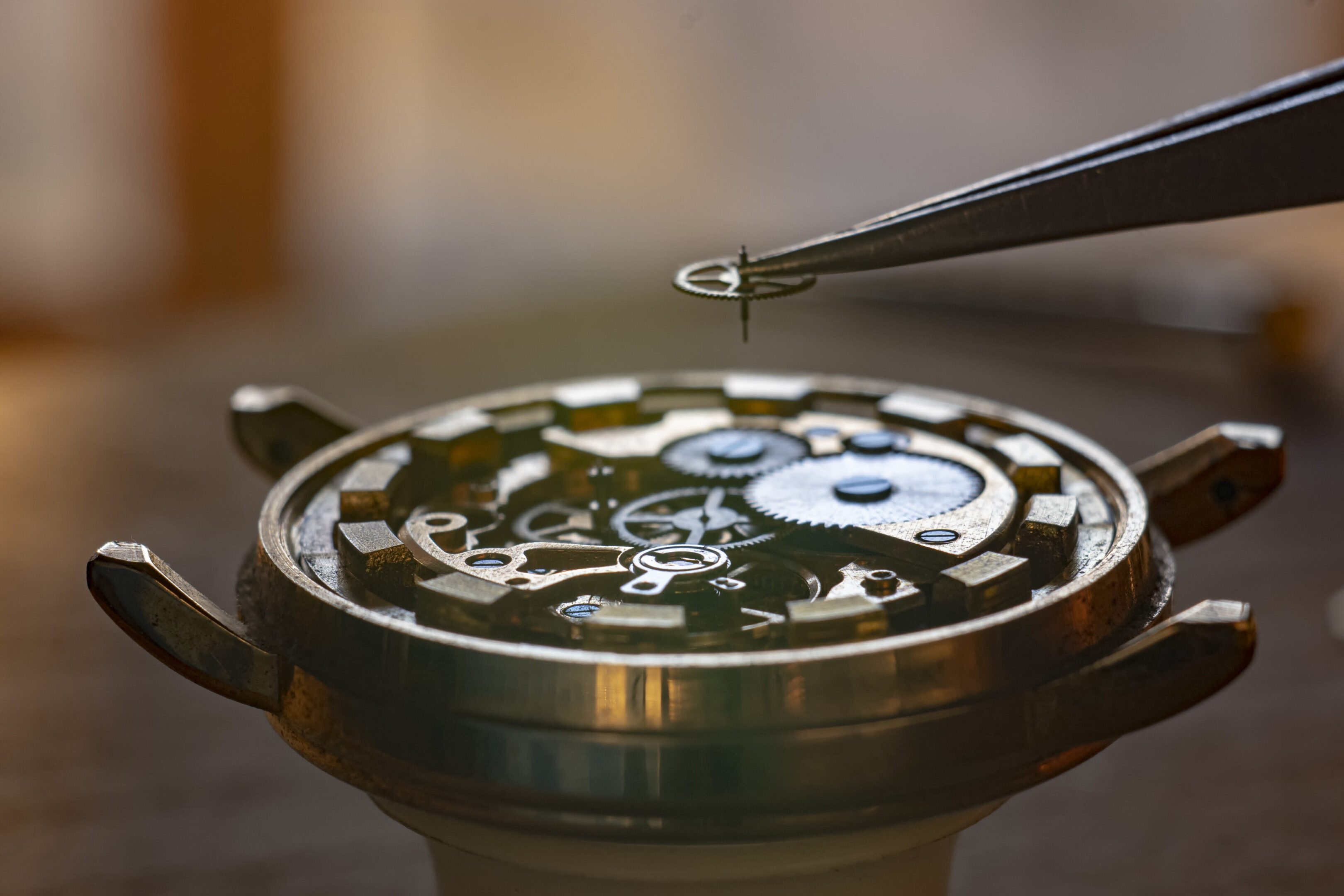 Tweezers placing screw on watch mechanism