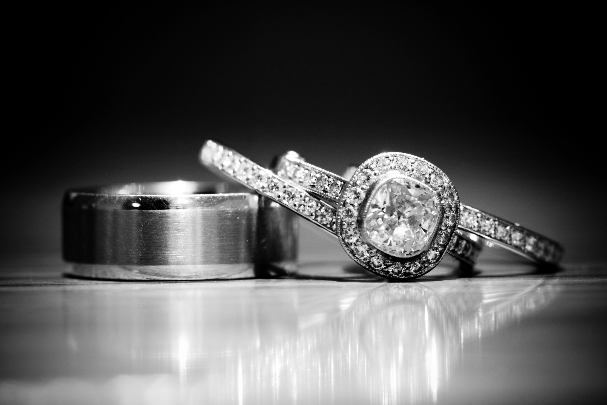 Diamond engagement ring and wedding band close-up