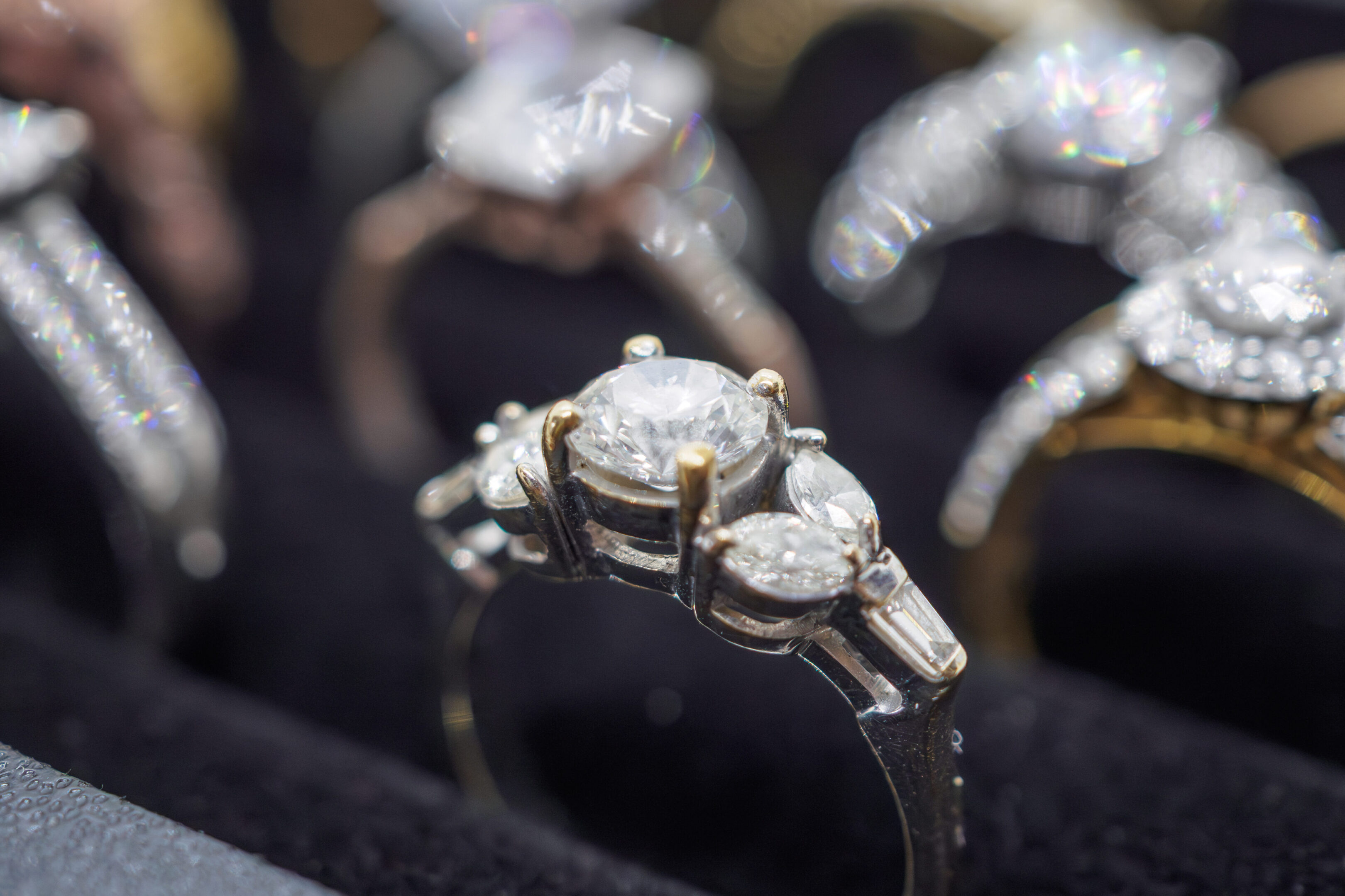 Close up of diamond engagement ring on display