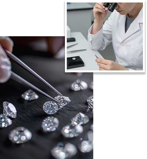 Gemologist examining loose diamonds with tweezers