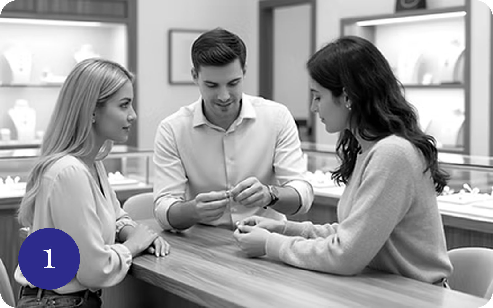 Man showing ring to two women at jewelry store