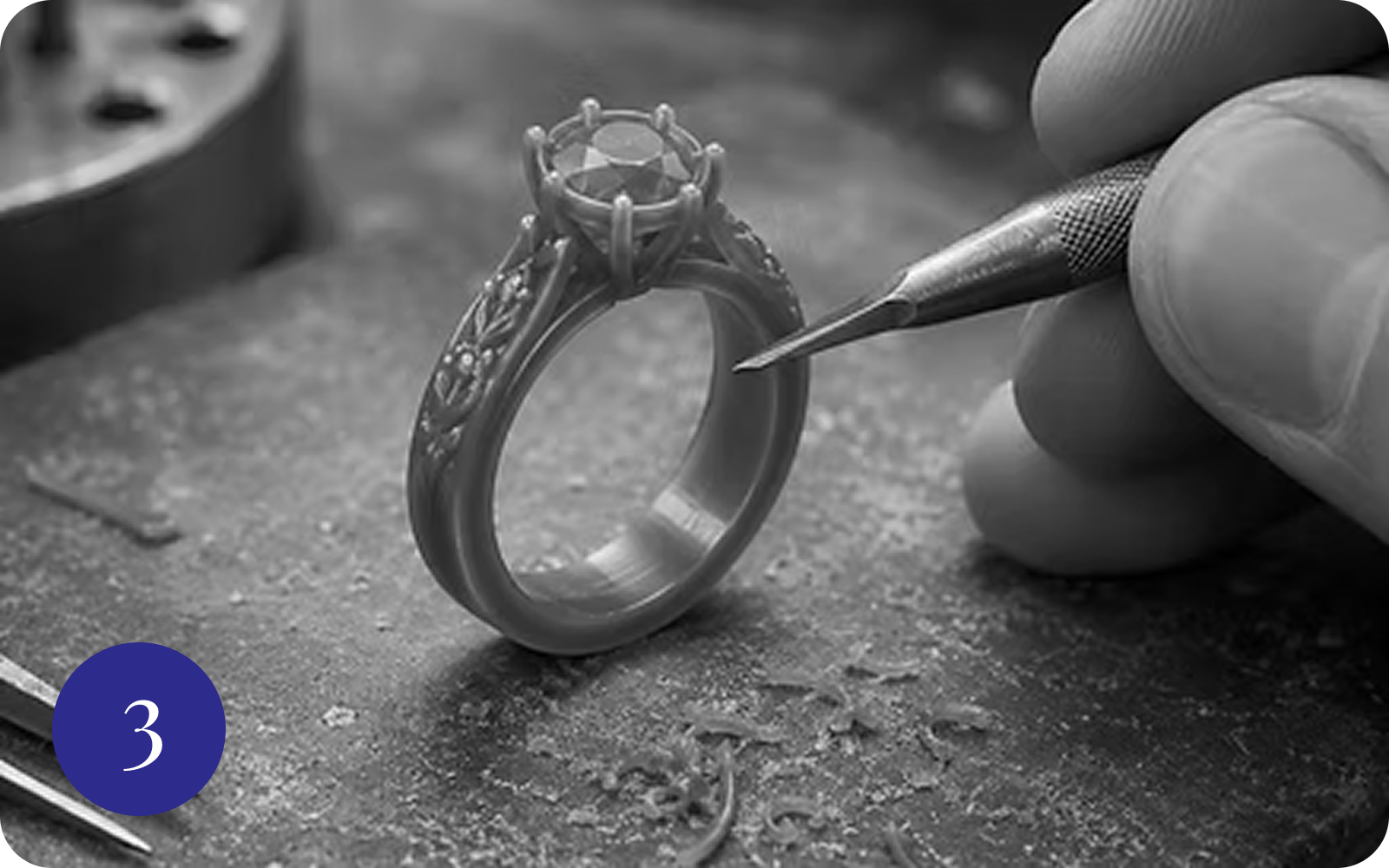 Handcrafted engagement ring being carved by jeweler